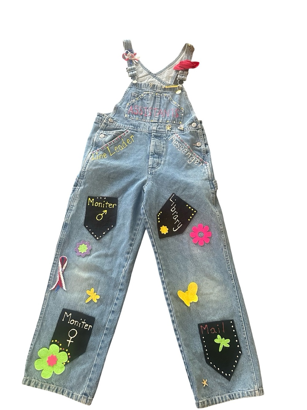 Old Navy Women’s Jeans Denim Overalls with Colorful Patches and Pins- Blue